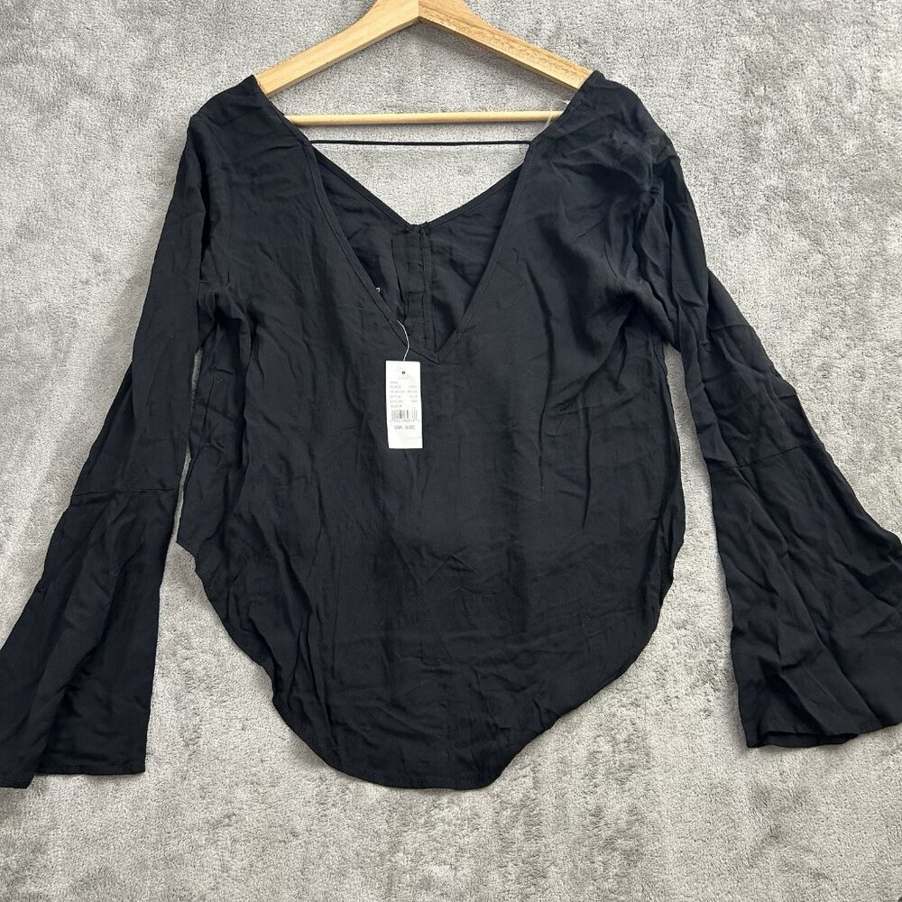 LA HEARTS Shirt Womens Small Black Flare Sleeve Top V-Neck Front Tie Casual - Picture 11 of 12